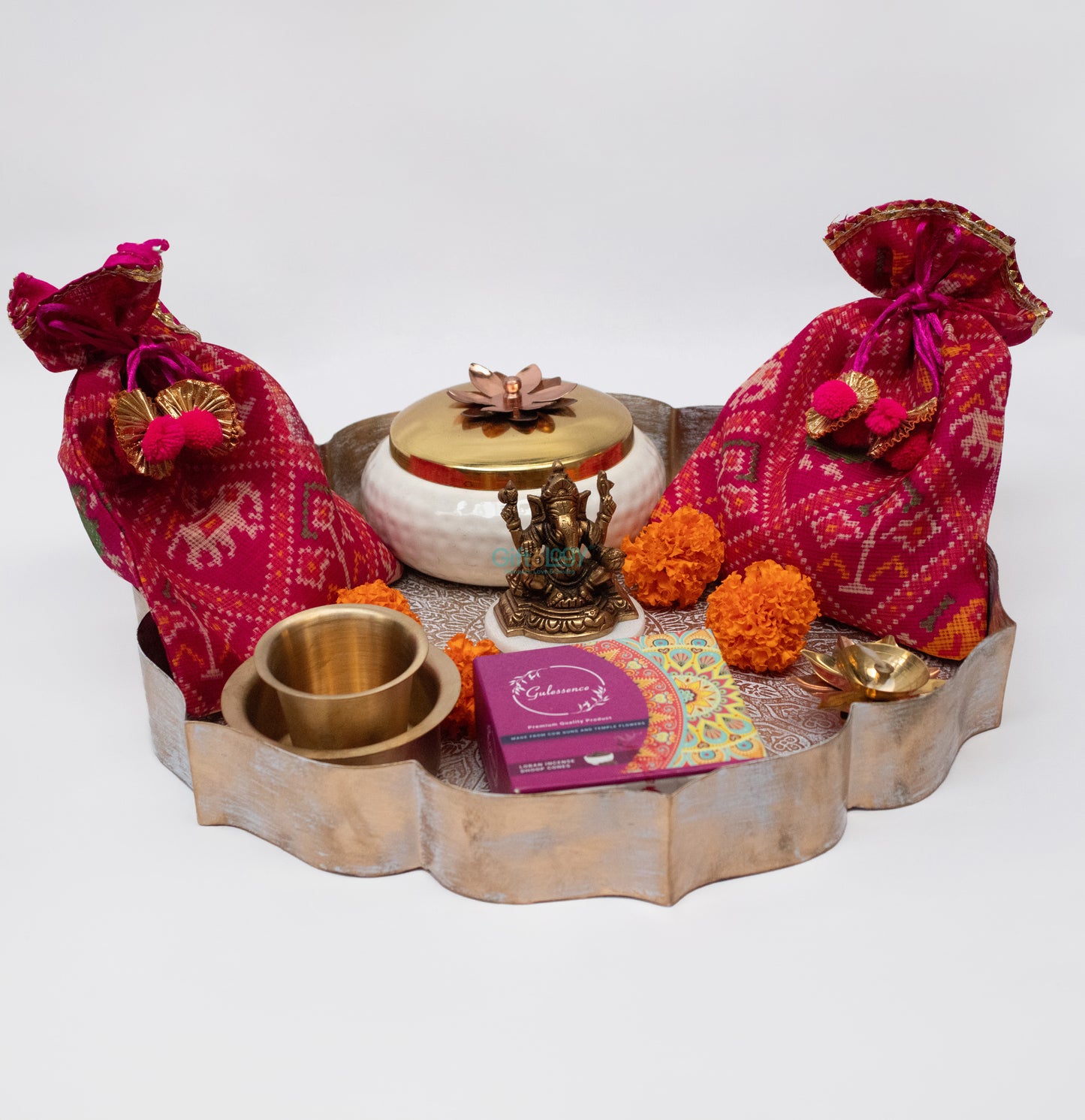 Premium Ganesh ji Gift Urli with Brass Pooja Set, Coffee Dabra & Dry Fruits