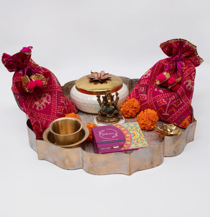 Premium Ganesh ji Gift Urli with Brass Pooja Set, Coffee Dabra & Dry Fruits