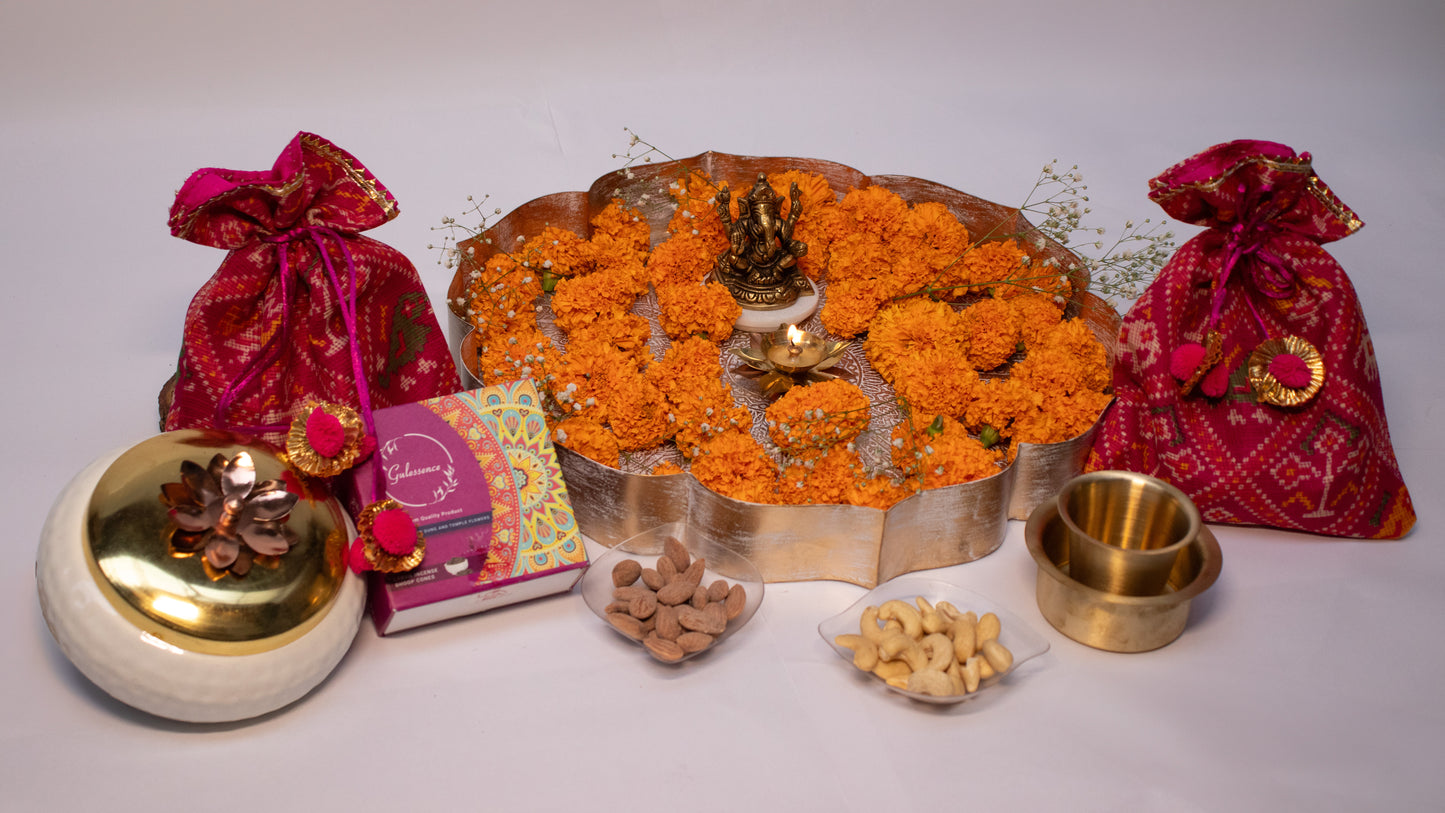 Premium Ganesh ji Gift Urli with Brass Pooja Set, Coffee Dabra & Dry Fruits
